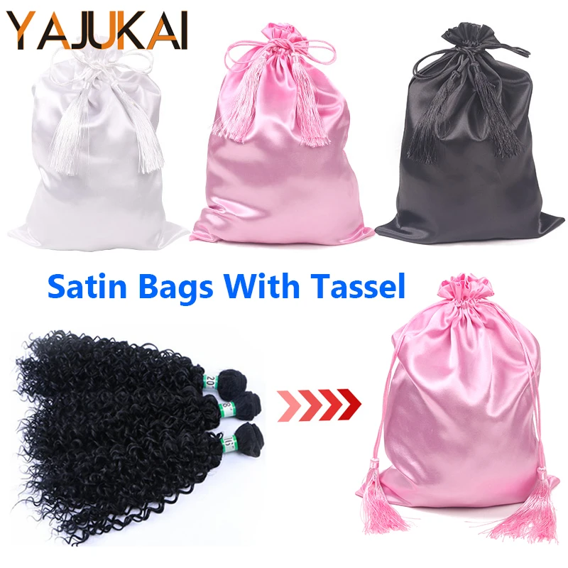 1Pcs Hair Storage Bags With Tassel Pink Satin Bag With Drawstring For Packaging Wigs 25*35Cm Black Wig Storage Bag For Bundles