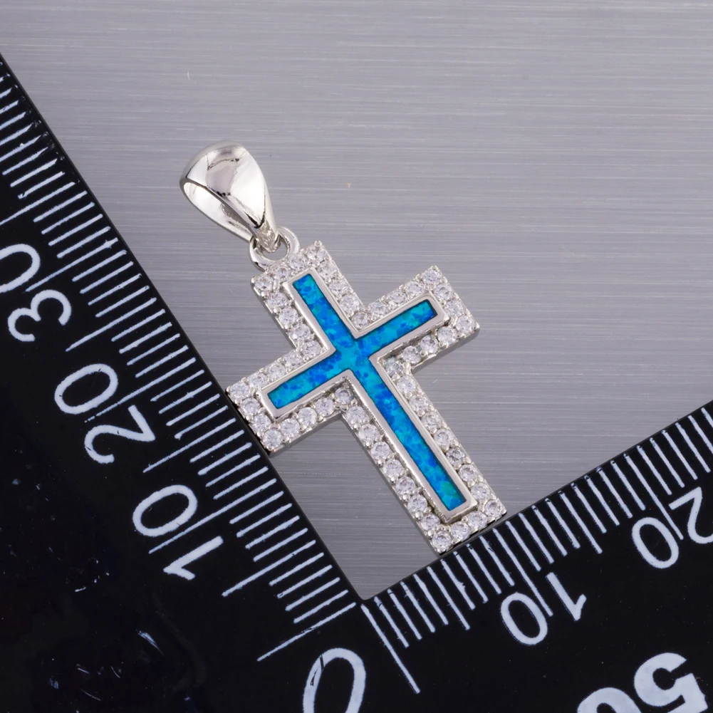 KONGMOON Latin Cross Ocean Blue Fire Opal CZ Surround Jewelry for Women Pendant for Necklace