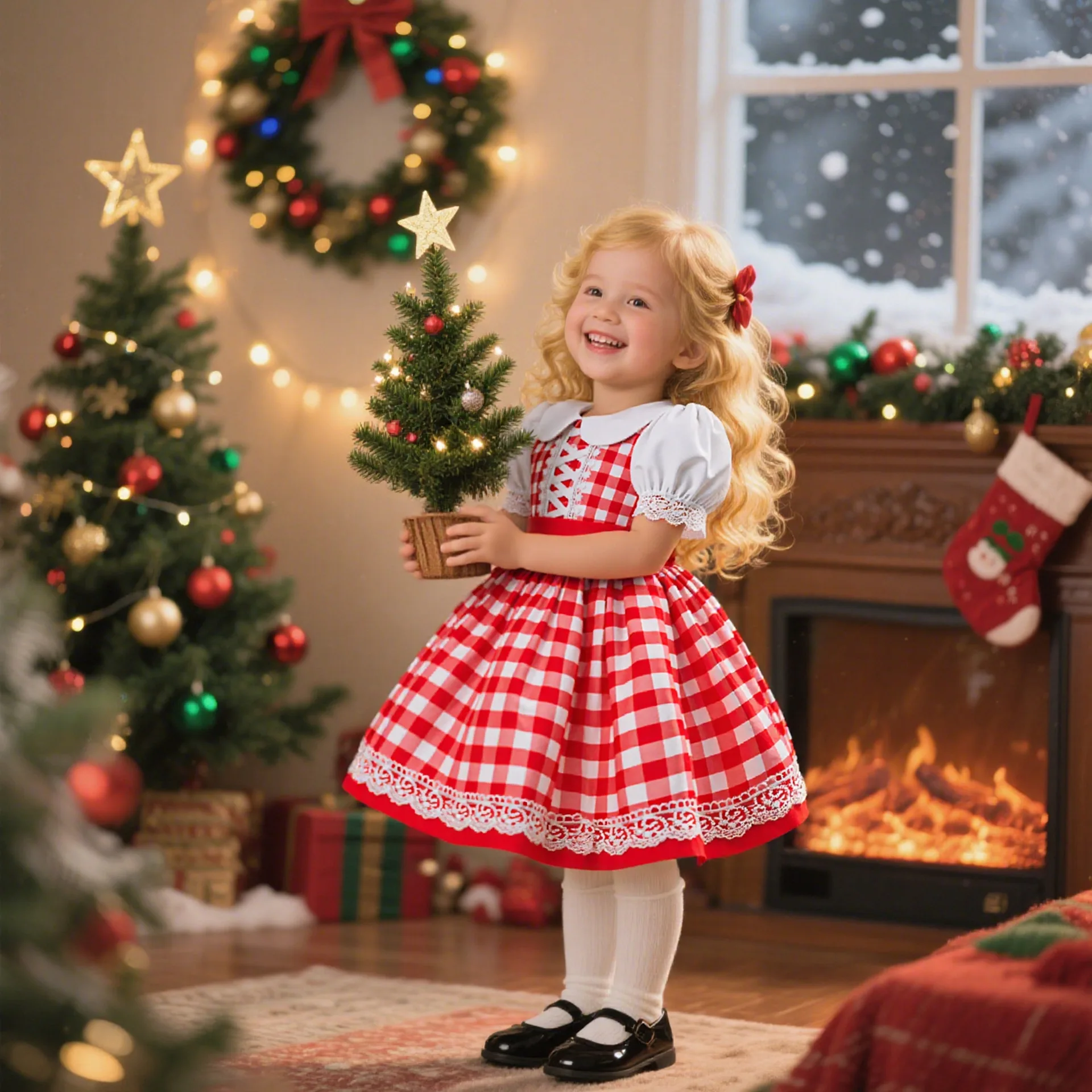Christmas Party Girl Princess Dress Elegant Red Plaid Puffy Dress Festive Dress For Girl Bow 1st Birthday Dresses Prom Gown