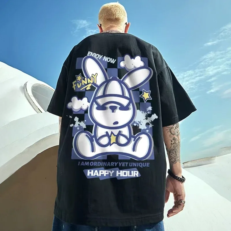 

2025 Summer Men's Cotton Retro Personalized Street T-Shirt Fashion Funny Cartoon Oversized Loose Ins Cartoon Casual Top
