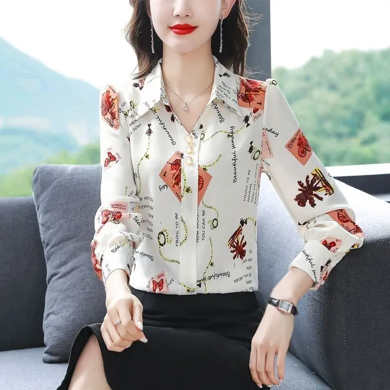 2023 New Spring Fashion Minimalist Print Polo Collar Single Breasted Long Sleeved Temperament Commuting Chic Women\'s Shirt