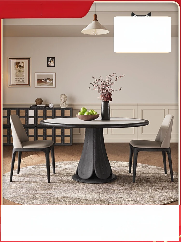 

Pure solid wood rock slab round dining table retro style cream style round dining with round eating