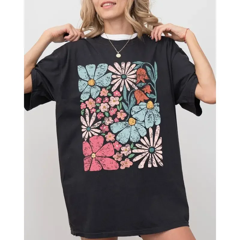 

Blossoms Gorgeous Abstract Flowers Boho Floral Pattern Tops for Womens Summer Vibes Gardening Festival Nature Shirts