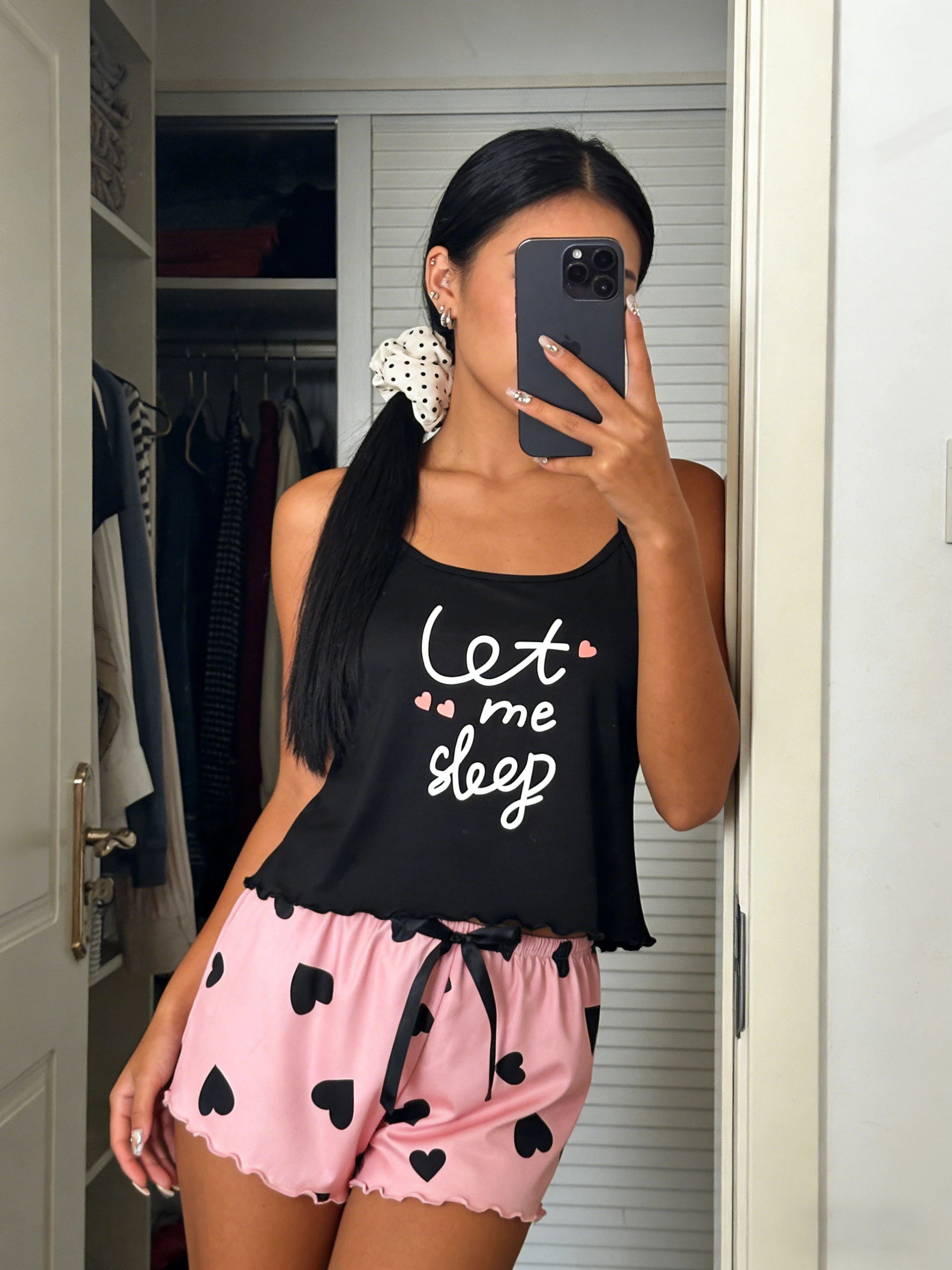Spring Summer Fall Women Pajamas Round Neck Spaghetti Strap Sleeveless Tank Top Ruffle Hem Shorts 2 Piece Set Cute Heart Print