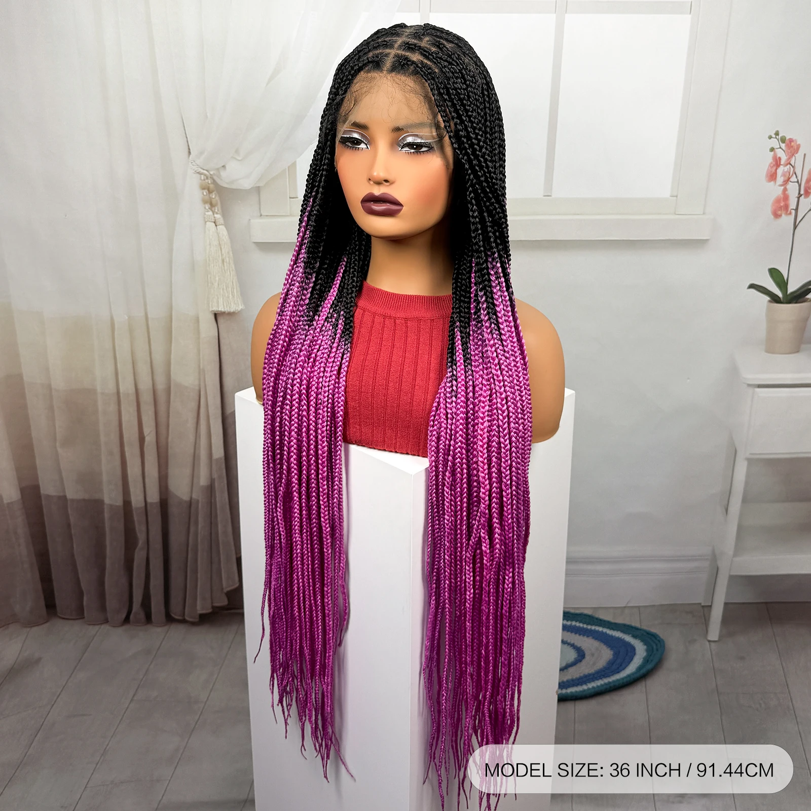 36inch Long Pink Color Box Braided Wigs Synthetic Full Lace Knotless Braids Wigs with Baby Hair for Black Women view 4