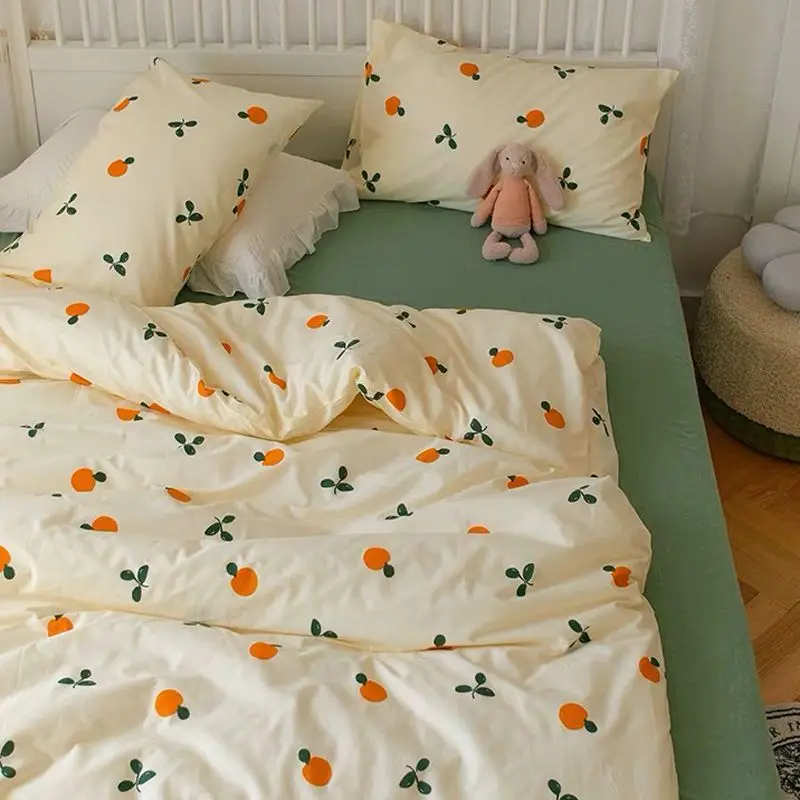 Orange Bedding Set Girls Bed Linens Sheet Plaid Duvet Cover Sheet Pillowcases No Filler Single Double Queen Floral Bedclothes