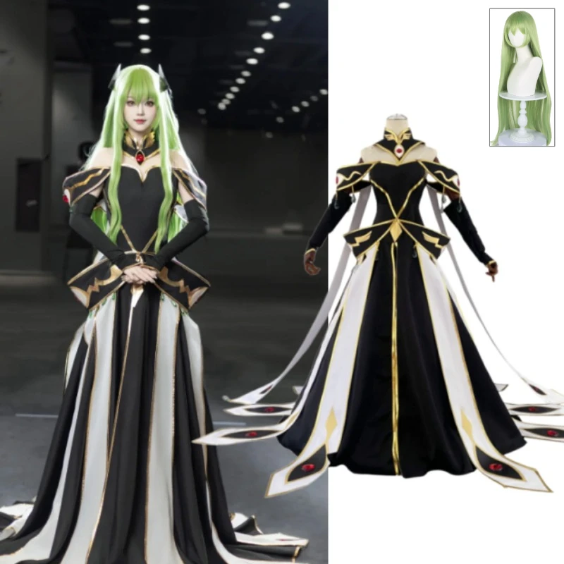 

C.C. White Queen Cosplay Costume Code Geass White Lace Dress Elegant Anime Gown Full Set with Gold Trim for Women Halloween