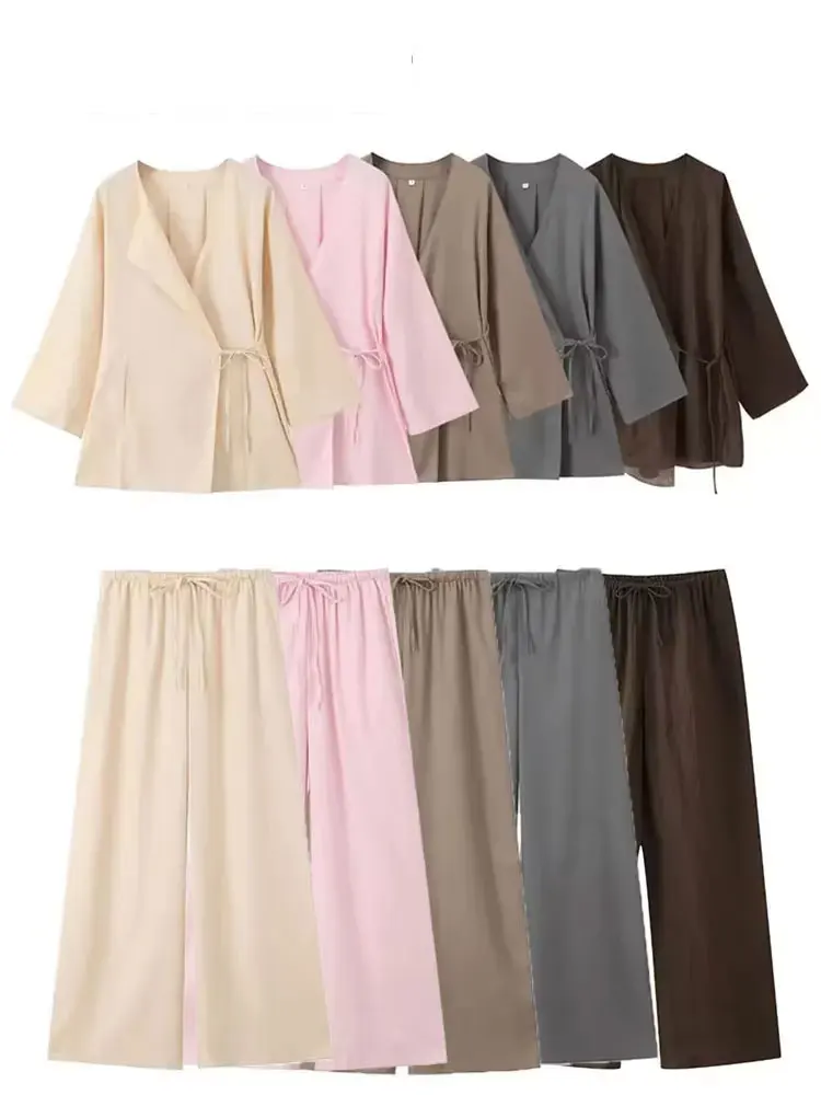 

2024 Woman Trouser Set Long Sleeves V Neck Pajama Style Lace Up Shirt Top + Casual Drawstring Women's Wide Leg Long Pant