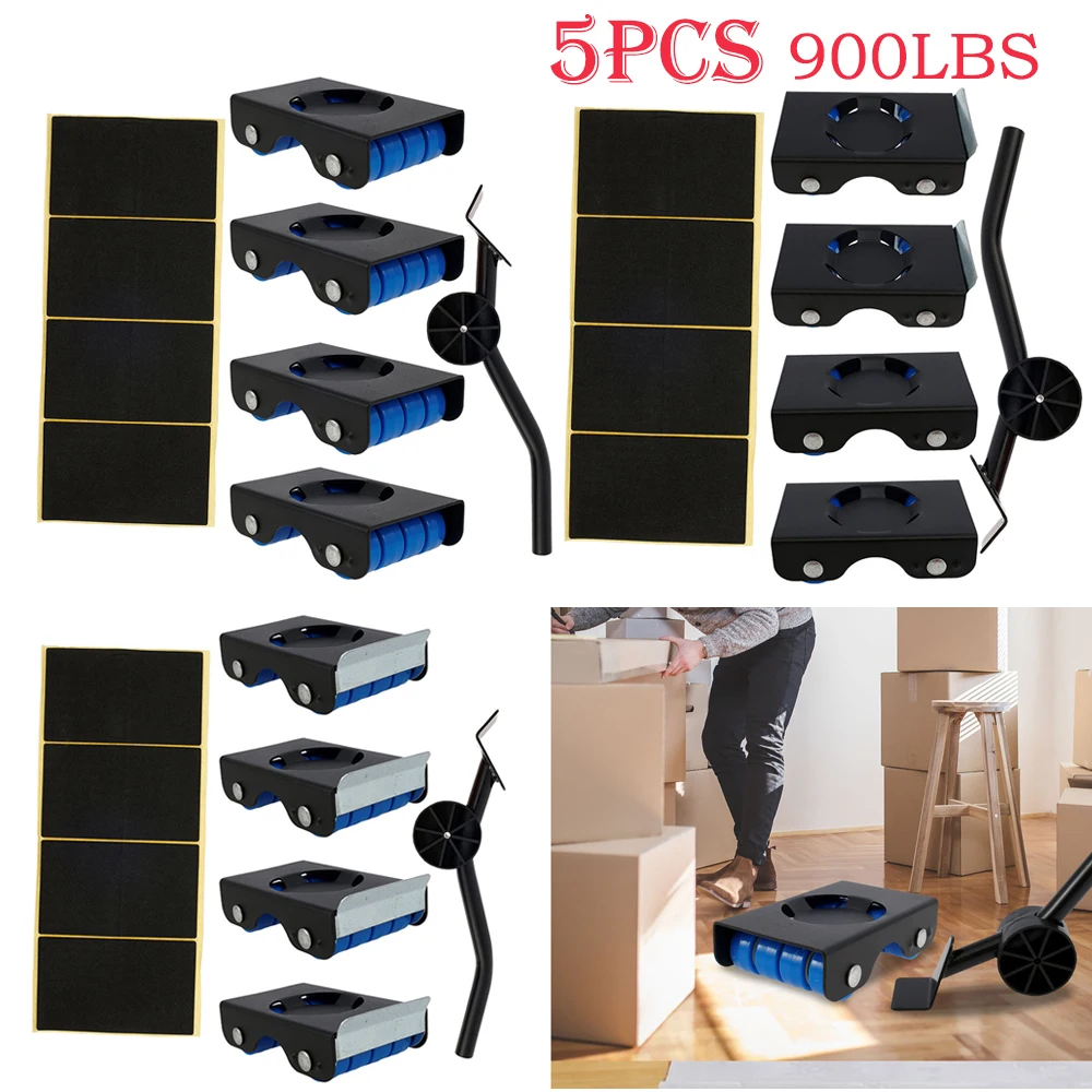 5Pcs 900lbs Furniture Lifter Heavy Duty Mover Tool Set Carbon Steel Furniture Dolly and Lifter Roller Slider with Anti-Slip Pad