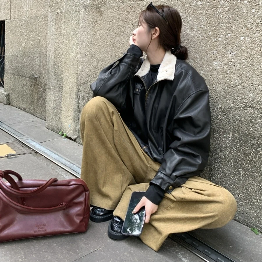 ملابس خارجية نسائية أنيقة أمريكية للدراجات النارية Sle Jaet Thiened من فراء الأرانب ملابس داخلية فضفاضة ودافئة ملابس خارجية طويلة بسحاب للإغلاق