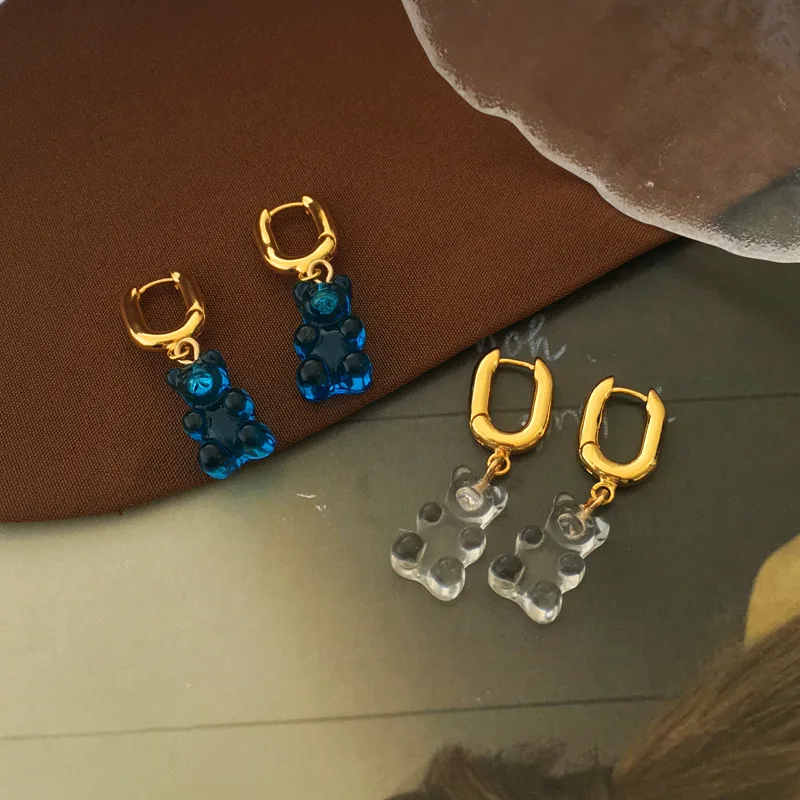 Modern Jewelry Little Bear Earrings Lovely Blue Green High Quality Brass Transparent Resin Drop Earrings For Women Accessories