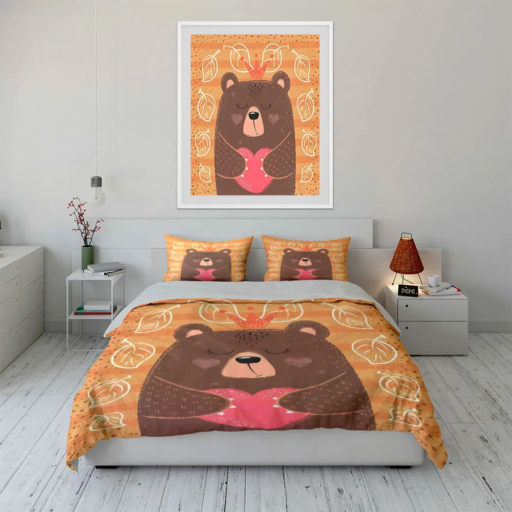 Gentle bear hugging pink heart Print Soft Comfortable Duvet Cover Bedding Set Included 1*Duvet Cover  2*Pillowcases