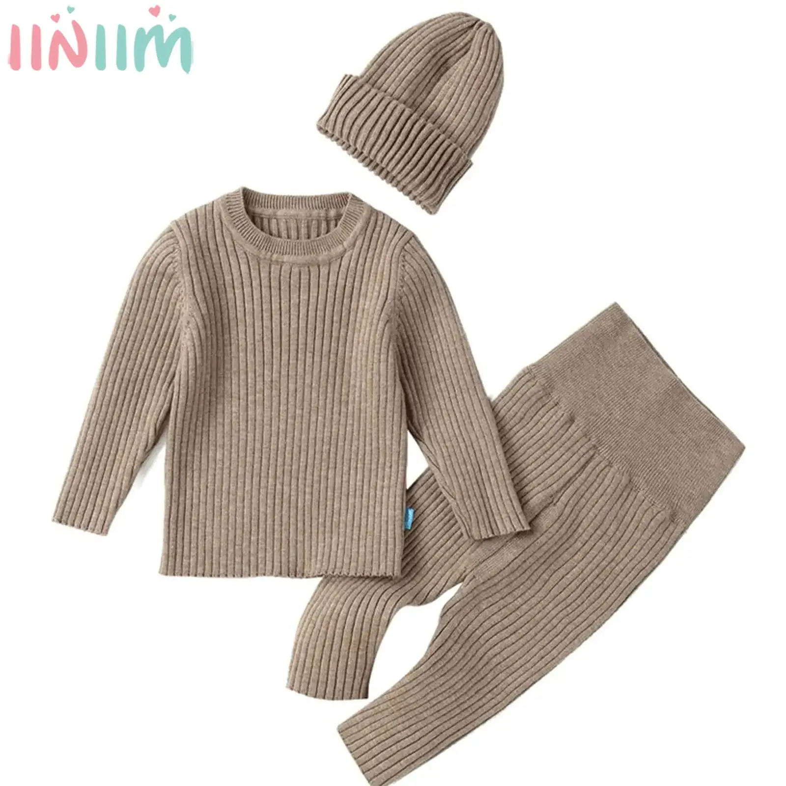 

Newborn Baby Boys Girls Autumn Winter Warm Sweater Set Ribbed Elastic Knit Solid Tops with Pants Beanie Hat Daily Wear Homewear