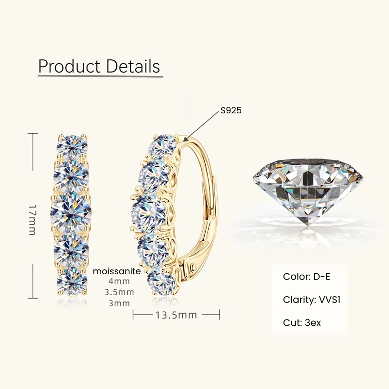 IOGOU Five-stone Full D Color Moissanite Hoop Earrings for Women Real 925 Sterling Silver Clip Ear Buckles 0.9CT Engagement Gift