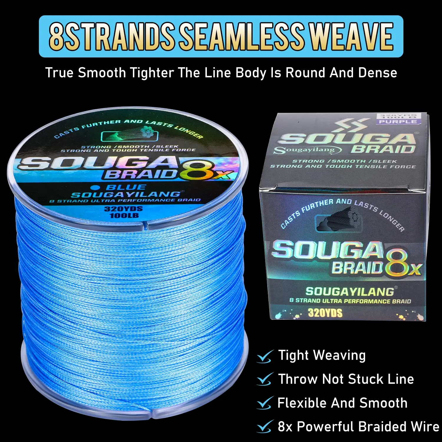 Sougayilang Braided Fishing Line 8X 320YDS Fishing Line Max Drag 100LB Multifilament PE Line for Bass Pike Carp Fishing Pesca