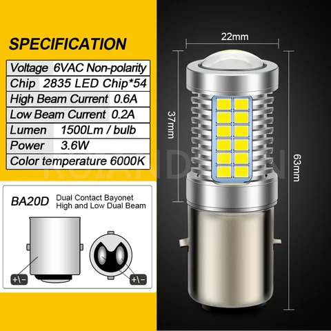 RUIANDSION 1 шт. Мотоциклетная фара 6В LED P15D H6M BA20D, лампа для цоколя H6 H4, чипы 2835, для скутеров, квадроциклов, UTV, мопедов, белый свет