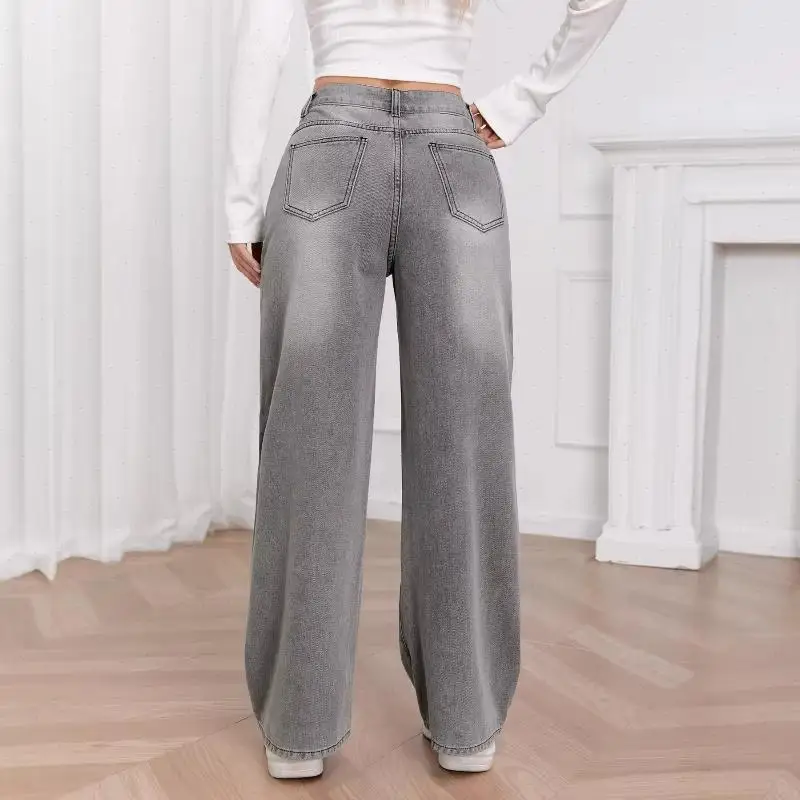 Denim Wide Leg Pants Women Streetwear Jeans Washed High Waist Straight Trousers Lady Vintage Basics Full Length Pant Autumn