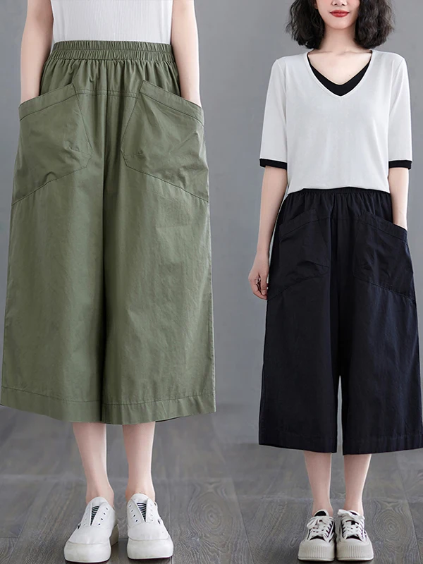 

plus Size Cotton Pants Summer Thin Wide Leg Casual Loose Slimming Elastic Waist Seven-Foot Pants Women's High Waist Cargo Tro...
