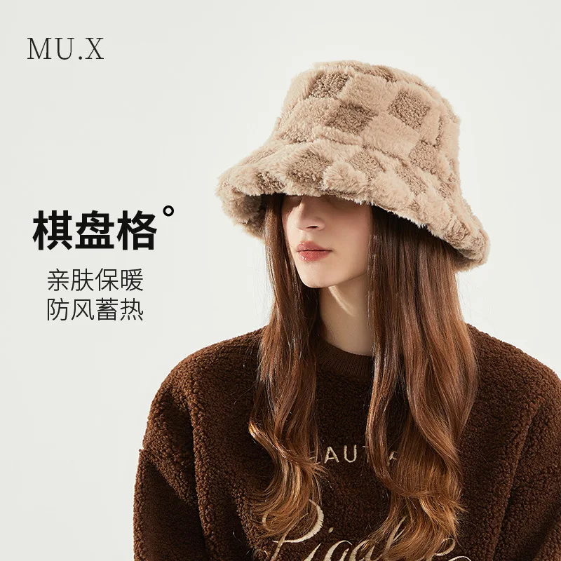 

Fluffy Cap Lamb Fleece Check fisherman's Hat Women Autumn Winter Thickened Warm And Windproof Basin Cap Big Head Face Small Caps