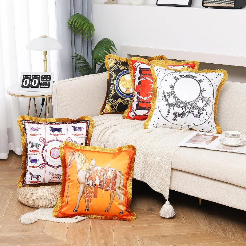 Luxury Gold Tasselled Cushions Case Horses Carriage Tigers Belting Decorative Pillows Case 2 Sides Print Sofa Bed Couch Pillows