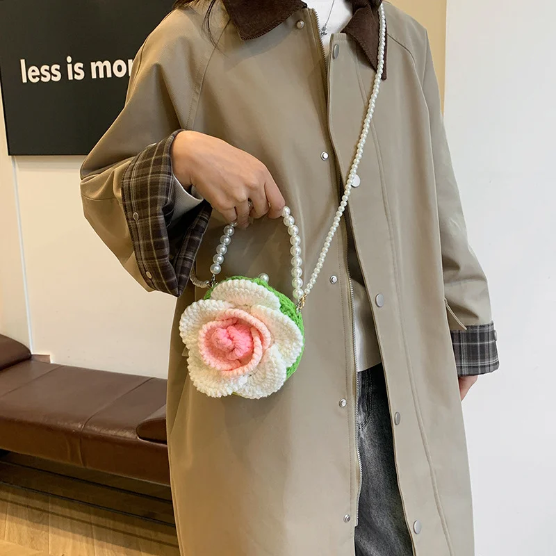 

Color blocking flower yarn bag, pearl chain hand-held shoulder bag, hand crocheted women's bag, decorative bag