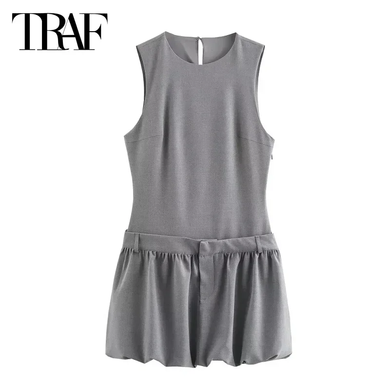 TRAF-Vestidos cortos plisados grises para mujer, minivestidos elegantes de fiesta, moda informal, sin mangas, con cremallera lateral, Otoño, 2024