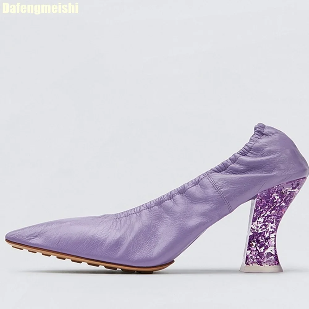 

Soft-Soled Non-Slip Women Pumps Purple Chunky Heels Crystal Thick Heels Elastic Band Shallow Style Small Square Toe Retro Shoes
