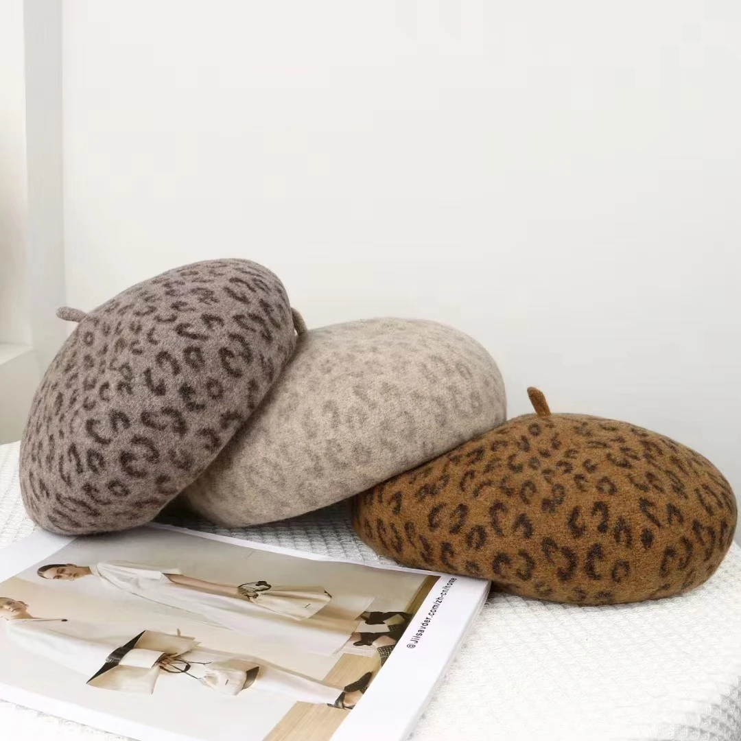 VISROVER New 4 Colors Leopard Winter Beret Female Cap Autumn Winter Wool Hat Top Quality Fashion Boina Gift Wholesales