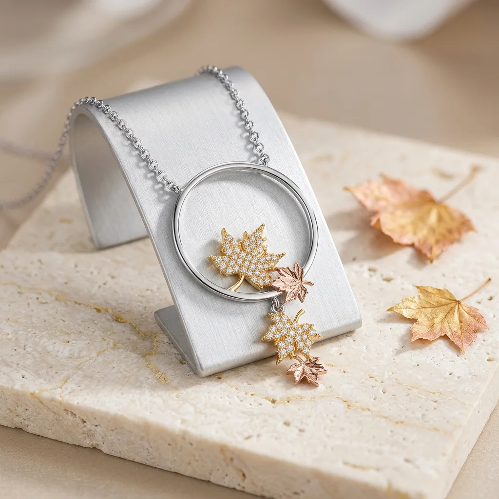 Luxury Tri Tone Silver Gold Rose Gold Layered Maple Leaf Pendant Necklace Paved With Sparkling Zirconia Copper Jewelry For Women