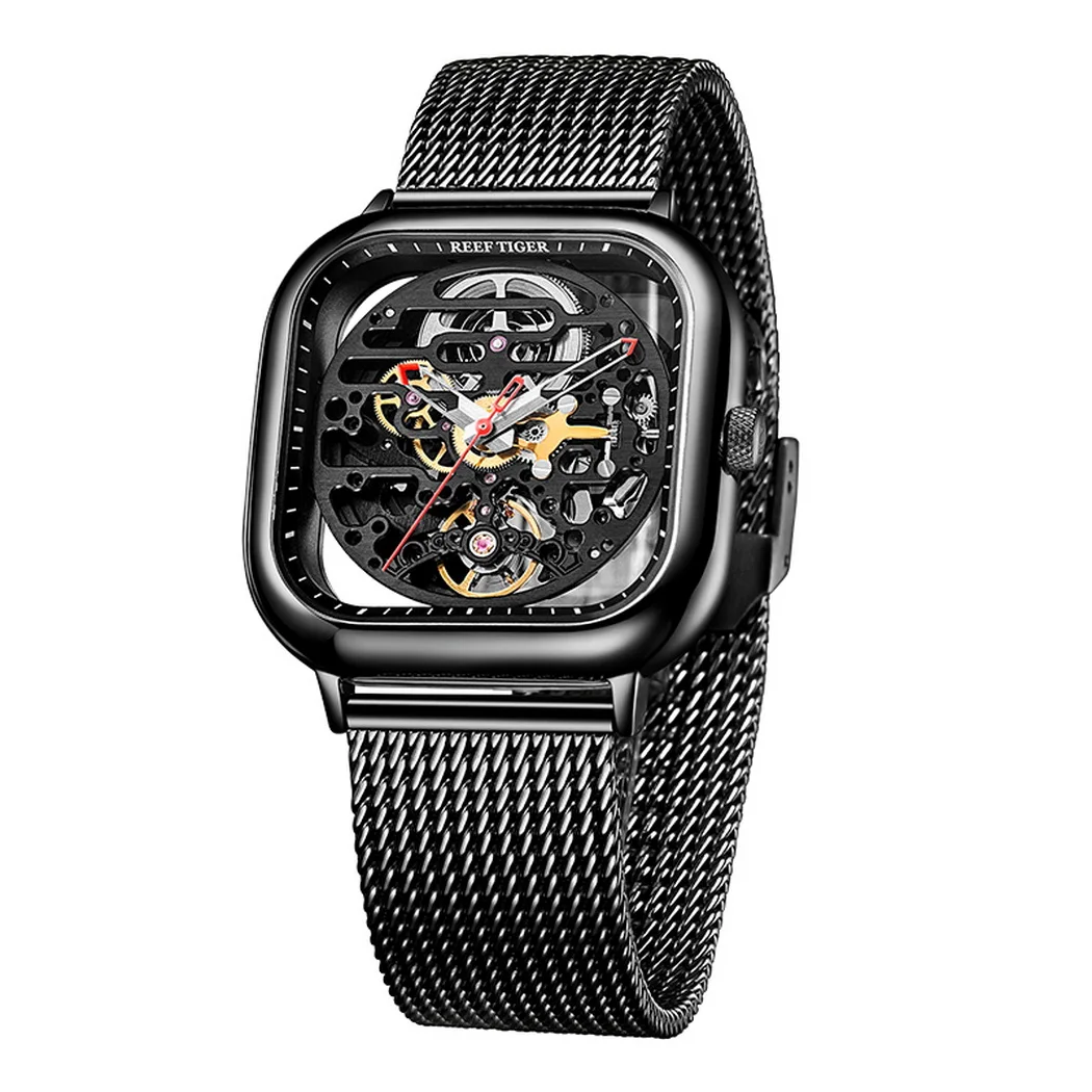 Reef Tiger Men นาฬิกาอัตโนมัติ 44 มม.นาฬิกาข้อมือ 50M กันน้ํา Lume Sapphire Mirror Hollow OUT Dial