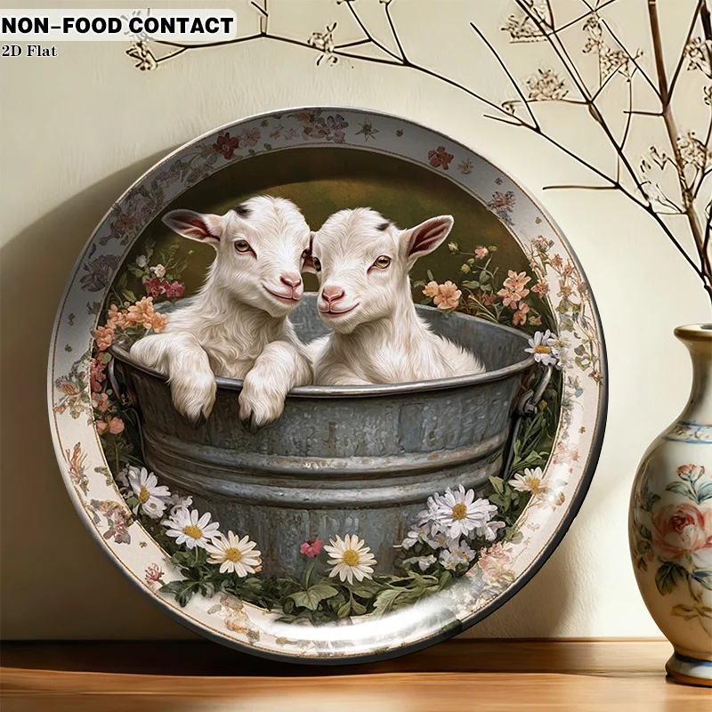1pc Ceramic Decorative Plate, Floral Circle Goats Art Decorations, (For Decorative Purposes Solely, NON-FOOD CONTACT) - Wall