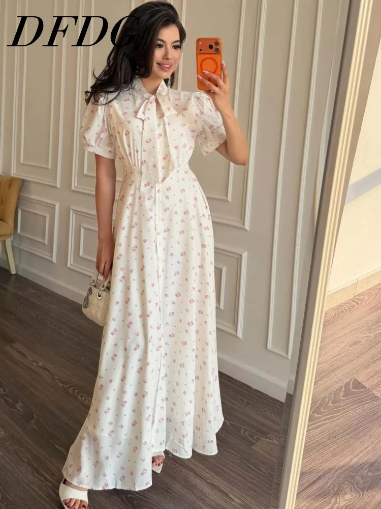 

Женское платье DFDG 2026: Весенне-летнее макси-платье с цветочным принтом, бантом на шее, пышными короткими рукавами, на пуговицах, элегантное повседневное платье