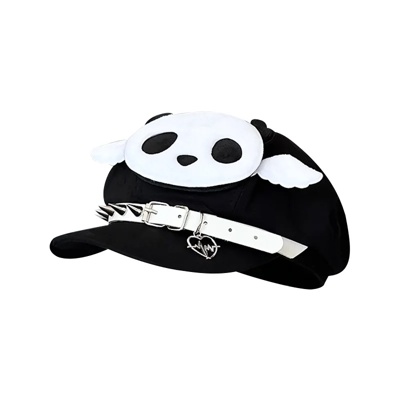 Y2k Nische Harajuku Mädchen Engelsflügel Niete Japanischer Stil Panda Niedliche Baskenmütze Achteckige Kappen für Frauen Herbst Winter Hut Casquette