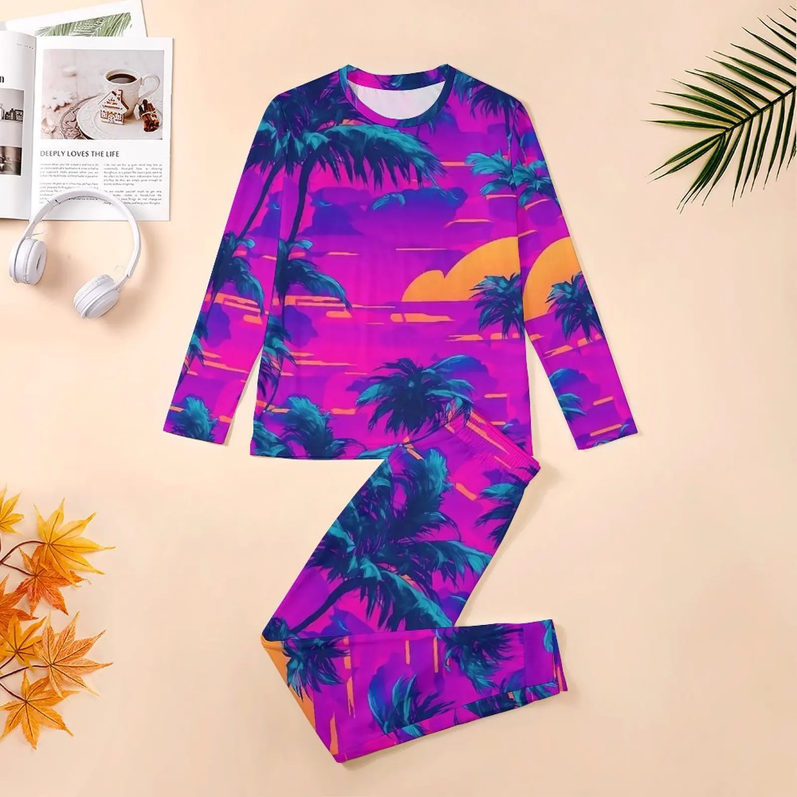 Purple Sunset Palm Trees Pajamas  Man Long Sleeve Cool Pajama Sets Two Piece Casual Daily Design Sleepwear Gift Idea