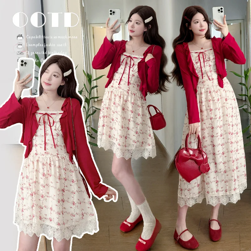 Maternity Suit Summer 2026 Sweet Cute Floral Lace Bow Dress And Red Thin Cardigan Two Piece Set For Pregnant Women