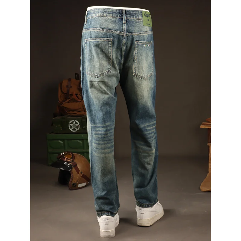 Jeans Retro Amerika Merek Trendi Musim Semi 2025 untuk Pria, Nostalgia Modis, Celana Kasual Jalanan Lurus Longgar