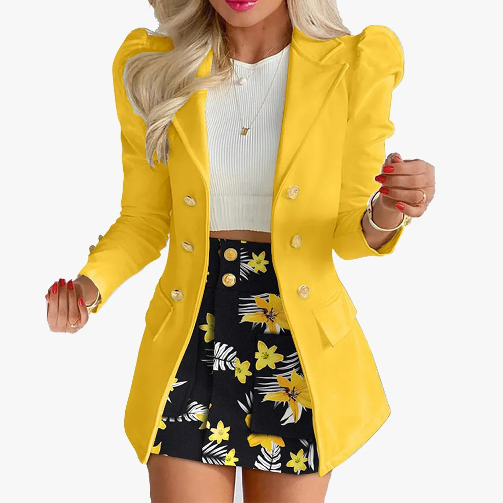 New Autumn Winter Women\'s Suit + Skirt Suit Printed Pocket Elegant Temperament Commuting Slim Long-sleeved Suit Skirt Suit