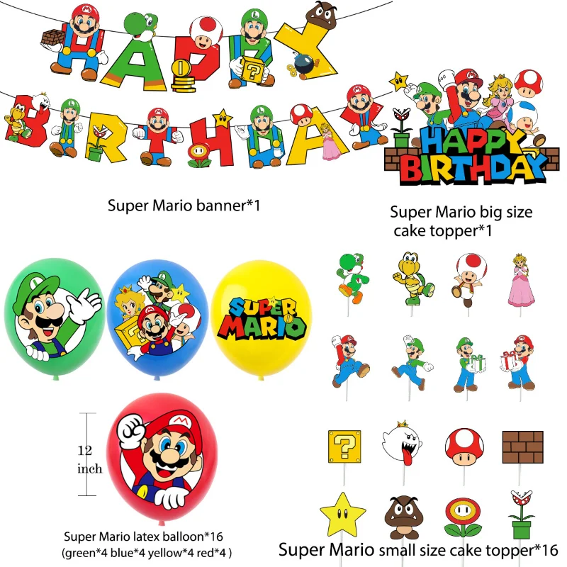 Super Marios Bros Game Theme Birthday Party Decorations Cake Topper Banner Balloon Set for Kilds Baby Showe Decor Supplies Gift