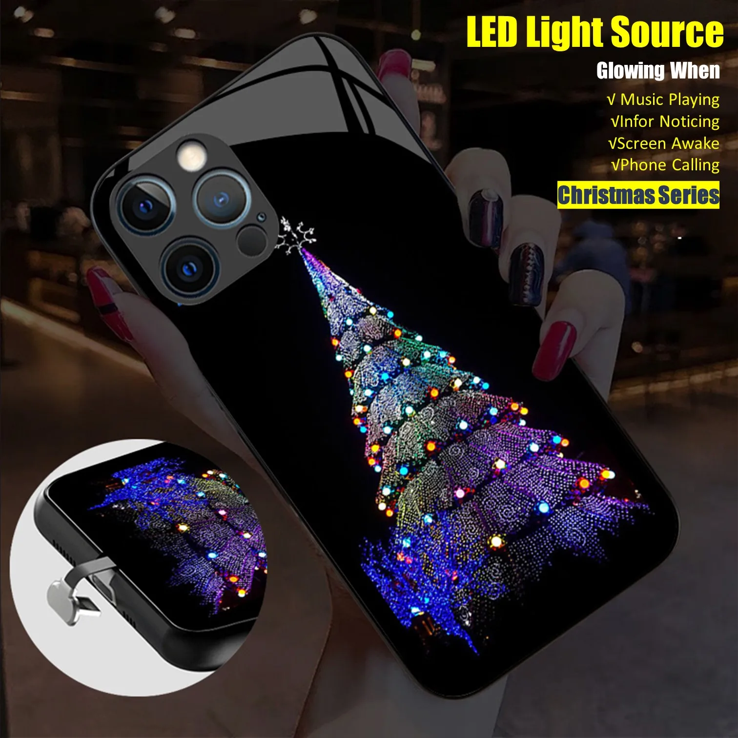 

Christmas Holiday Gift LED Light Glowing Luminous Tempered Glass Phone Case for iPhone 11 12 13 14 15 X Xs Xr Mini Pro Max Plus