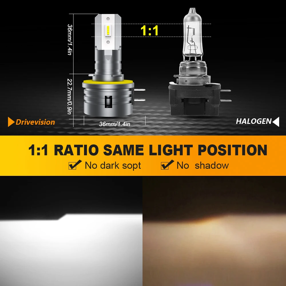 DRIVEVISION 2Pcs H11B LED Headlight Bulb Turbo 1:1 Size 40W 18000LM Low Beam High Beam 6000K White Plug and Play