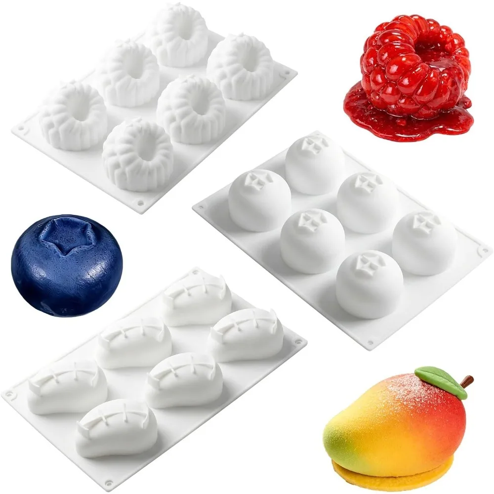 3Pcs 6 Cavity Fruit Molds Silicone, Blueberry Raspberry Mango Silicone Mould, Non-Stick Mousse Mould Cake Mould Baking Tool
