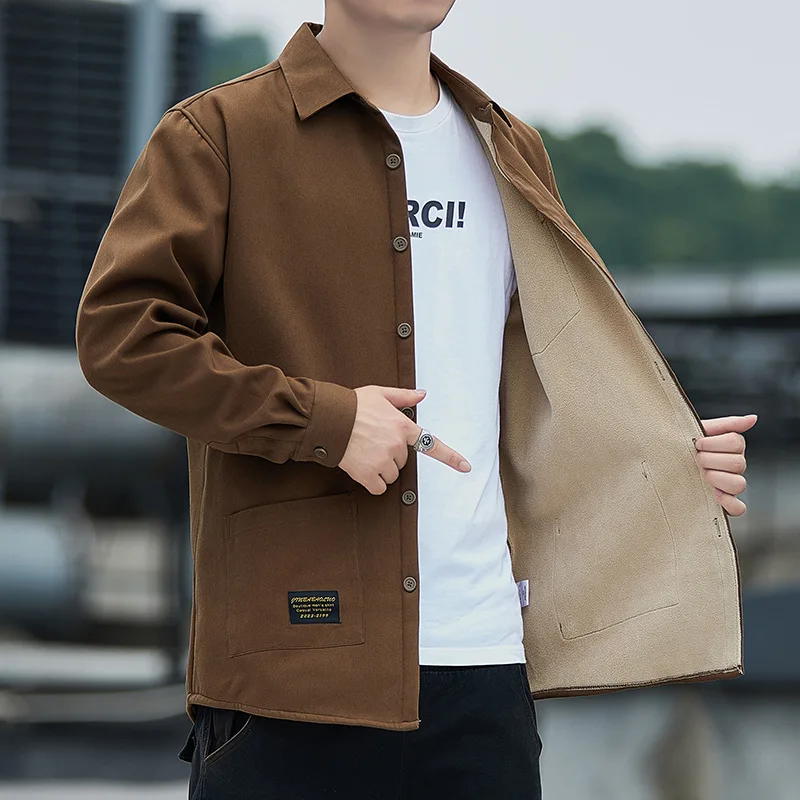 Spring Autumn New Men Shirts Jacket Casual Pocket Single Breaste Shirts Coat Casual Warm Thicken Plus Fleece Outerwear Shirt Man