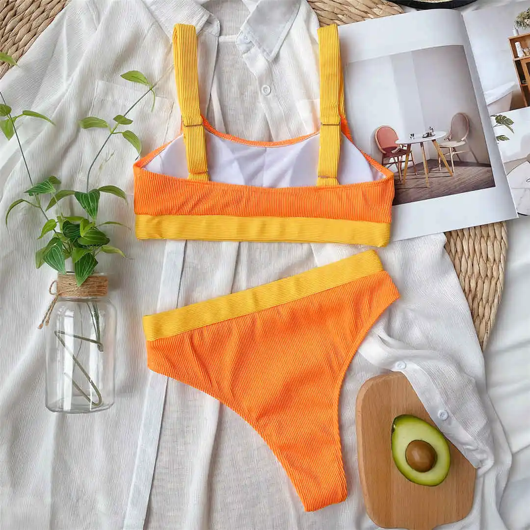 Neuer, verführerischer, gerippter Badeanzug mit aufgesetzten Elementen, hoch geschnittener Bikini, Damen-Badebekleidung, zweiteiliges Bikini-Set, Badeanzug, Badebekleidung, Modell V2329. – Detail 21
