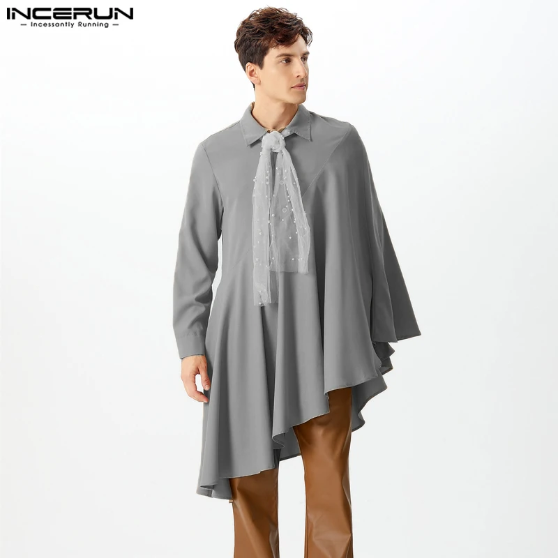 INCERUN 2024 Ruffled Egde Shirts Long Sleeve Loose Blouses Lapel Collar Solid ELegant Tops Men Casual Patchwork Simple Top Tunic