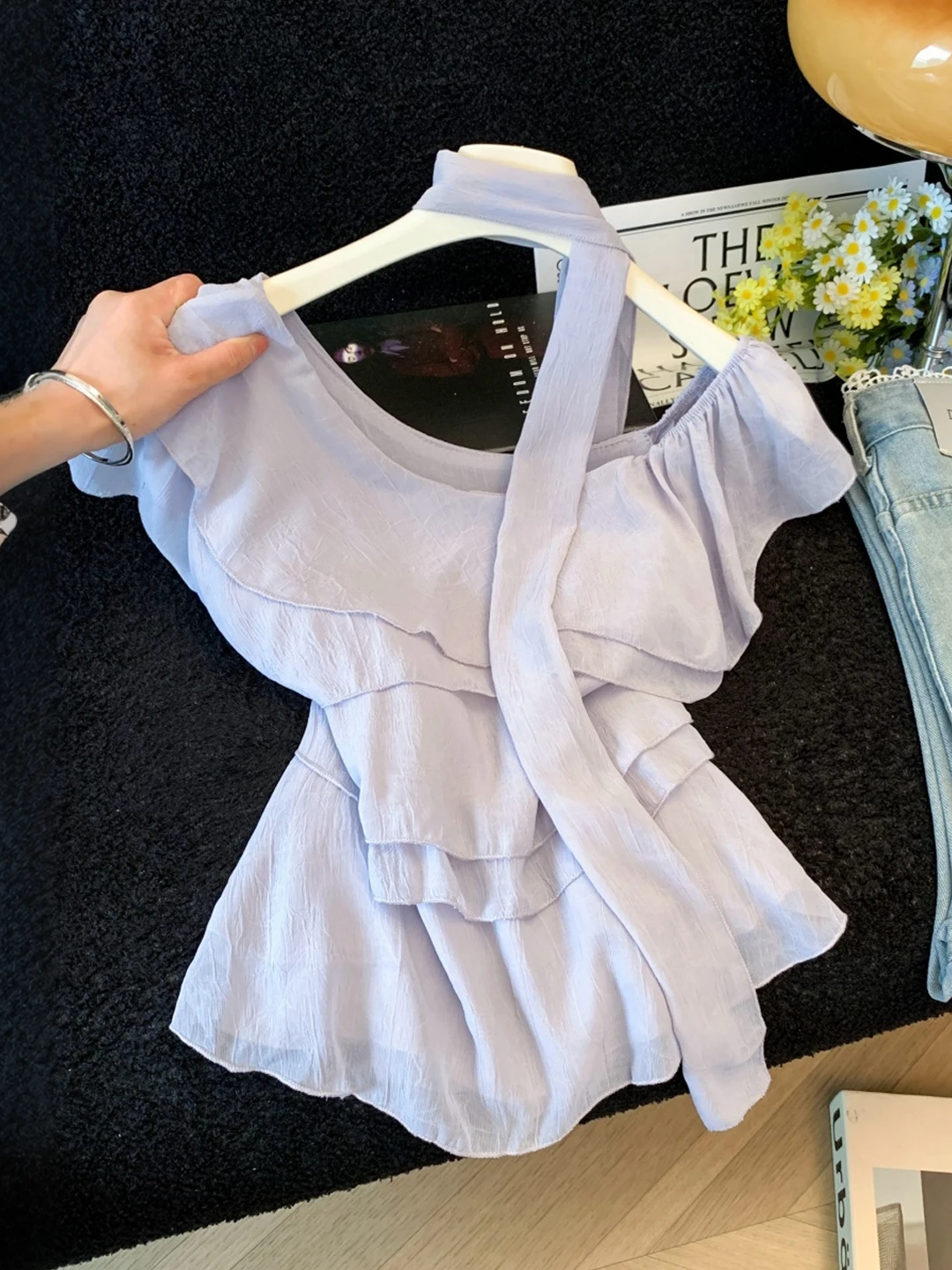 

Chic Neck Hanging Sash Shirt Women's Summer Thin Korean Style Slimming Fly Sleeve Top Elegant Fairy-like Blouse Breathable
