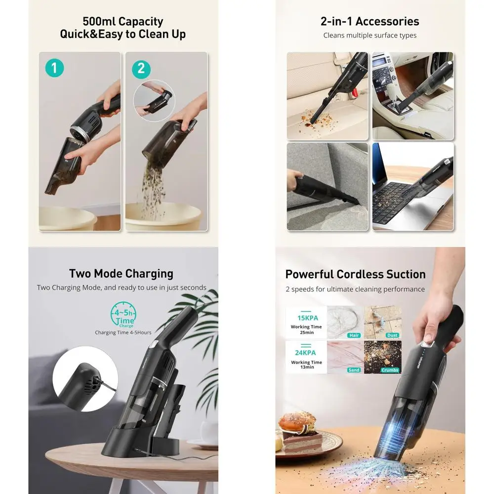Powerful 24KPA 2-Speed Portable Vacuum Cleaner with Dual Charging for Car and Home, Black Grey