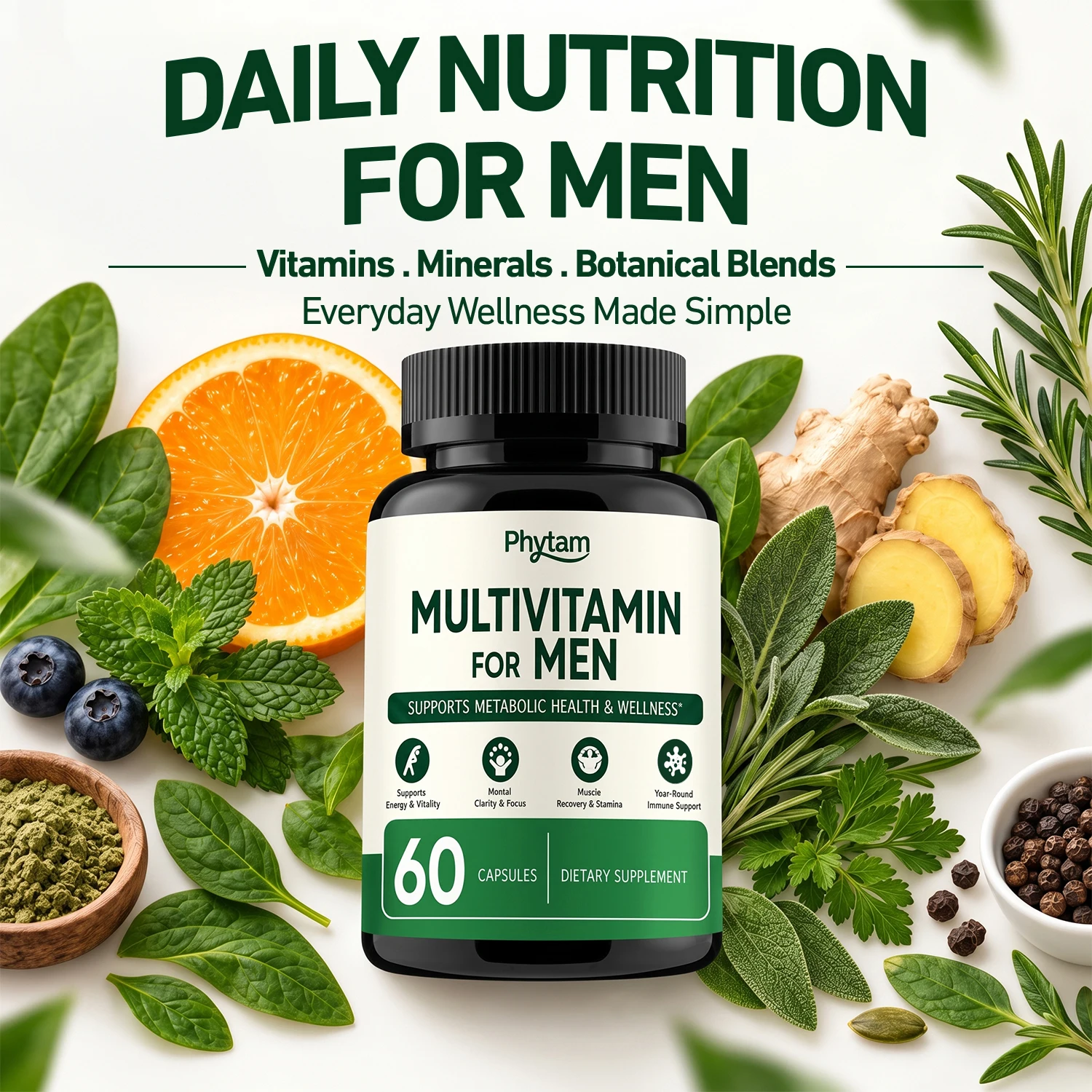 Multivitamin for Men Capsules 60 Count Vitamins Minerals Botanical Blend Saw Palmetto Lutein Lycopene Daily Dietary Supplement for Men Wellness