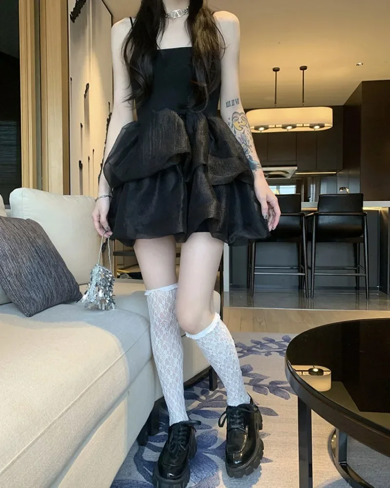 

Black Mini Dresses Women Mesh Spaghetti Strap Streetwear Summer Y2k Gothic Vintage Vestidos Mujer French Elegant Fairy Robe 원피스