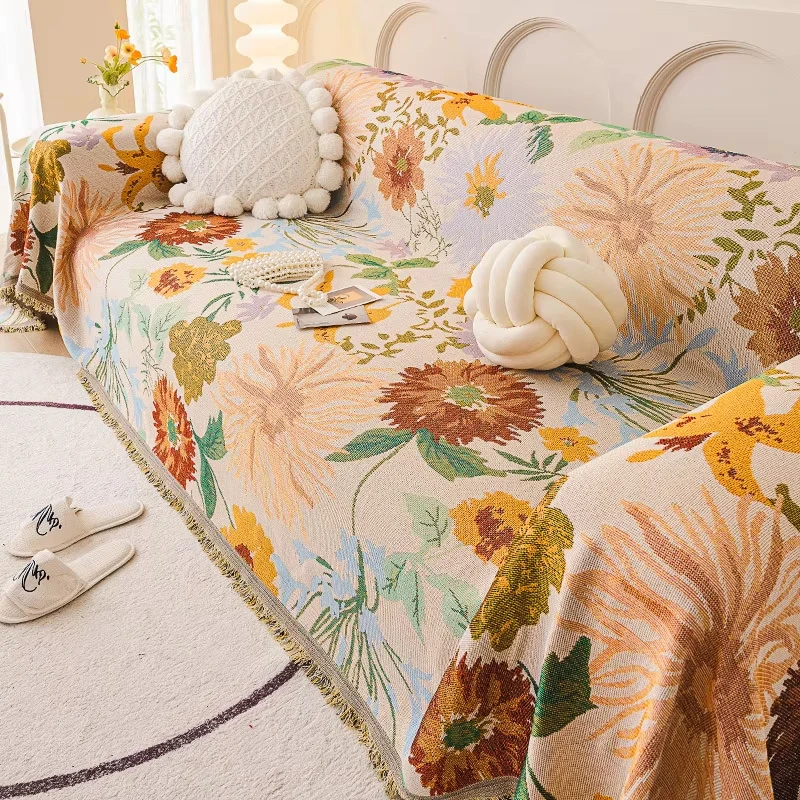 Chenille Sofa Blanket Sofa Covers Pastoral Style Flower Sofa Throw Blankets with Tassels Living Room Universal Couch Protector