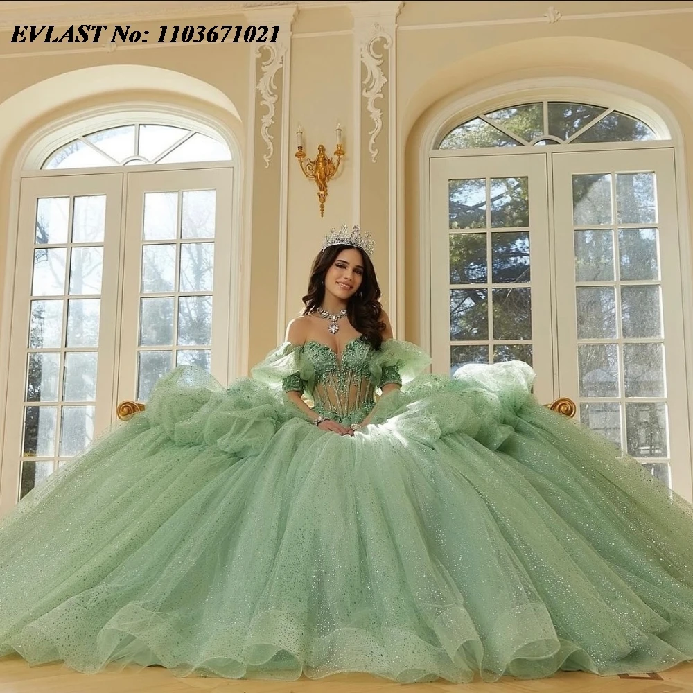 EVLAST Customized Mint Green Quinceanera Dress Ball Gown Shiny Lace Applique Beading Corset Sweet 16 Vestidos De 15 Anos SQ736